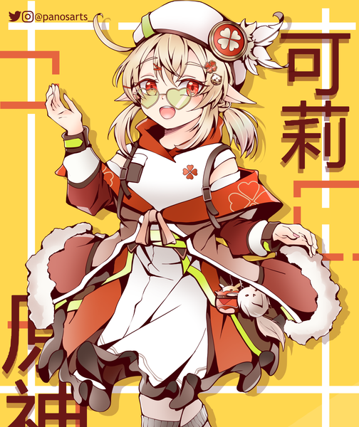 Anime picture 1260x1500 with genshin impact klee (genshin impact) dodoco (genshin impact) jumpy dumpty panos (ssgpanos) single tall image looking at viewer fringe short hair open mouth blonde hair hair between eyes red eyes twintails signed ahoge :d pointy ears alternate costume