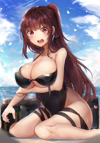 Anime picture 1764x2508 with girls frontline wa2000 (girls frontline) hiromaster sinta jh single long hair tall image looking at viewer blush fringe highres breasts open mouth light erotic red eyes brown hair large breasts sitting signed payot sky
