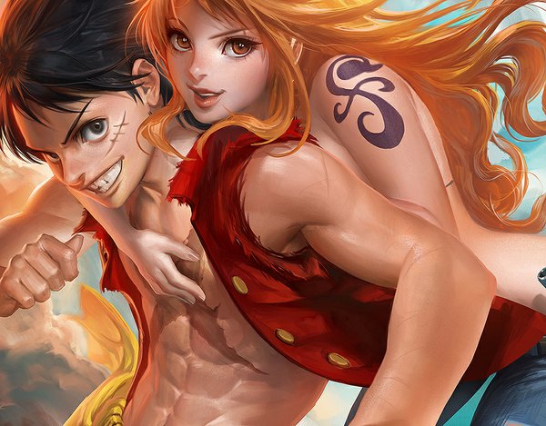 Anime picture 1000x782 with one piece toei animation nami (one piece) monkey d. luffy sakimichan long hair looking at viewer short hair black hair smile brown eyes sky cloud (clouds) lips black eyes orange hair realistic tattoo hug scar