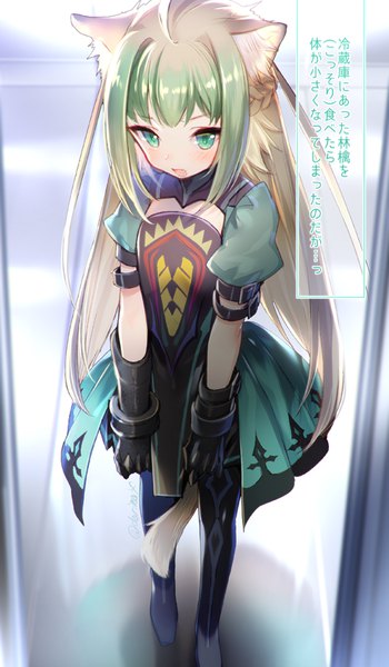 Anime picture 525x900 with fate (series) fate/grand order fate/apocrypha atalanta (fate) miyuki ruria single long hair tall image blush fringe open mouth blonde hair standing green eyes signed animal ears payot ahoge tail animal tail