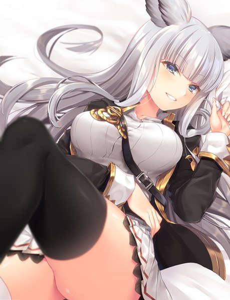Anime picture 938x1226 with granblue fantasy korwa (granblue fantasy) navy (navy.blue) single long hair tall image looking at viewer blush fringe breasts open mouth blue eyes light erotic smile large breasts animal ears silver hair bent knee (knees) lying blunt bangs