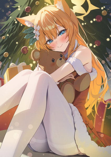 Anime picture 1412x2000 with blue archive mari (blue archive) yampa single long hair tall image looking at viewer blush fringe blue eyes light erotic smile hair between eyes sitting bare shoulders animal ears head tilt orange hair hug christmas