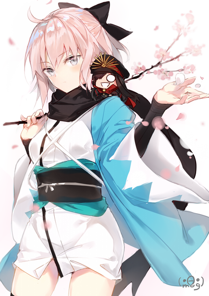 Anime picture 601x850 with fate (series) fate/grand order okita souji (fate) (all) okita souji (koha-ace) oda nobunaga (fate) (all) oda nobunaga (fate) fukuda935 long hair tall image blush fringe short hair blonde hair simple background hair between eyes standing white background multiple girls holding signed