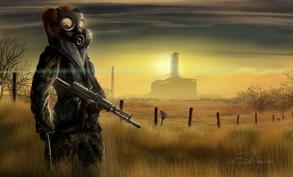 Anime picture 2800x1700 with original xzdisturbedzx highres short hair brown hair wide image brown eyes signed sunlight landscape girl uniform plant (plants) tree (trees) grass military uniform sun fence assault rifle gas mask