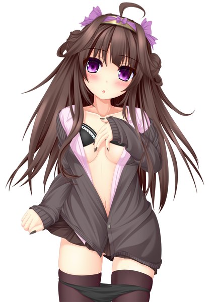 Anime picture 1072x1500 with kantai collection kongou battleship single long hair tall image looking at viewer blush breasts open mouth light erotic black hair white background purple eyes ahoge panty pull girl thighhighs skirt hair ornament underwear