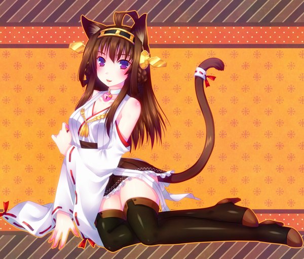 Anime picture 1000x850 with kantai collection kongou battleship door to heaven single long hair looking at viewer blush open mouth brown hair purple eyes bare shoulders animal ears ahoge tail traditional clothes animal tail cat ears cat girl cat tail kemonomimi mode