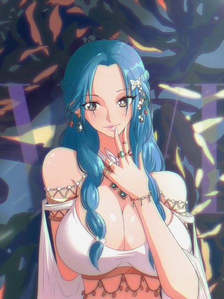 Anime picture 3072x4096 with one piece toei animation nefertari vivi opalisart single long hair tall image looking at viewer fringe highres breasts light erotic smile brown eyes blue hair absurdres cleavage upper body braid (braids) fingernails