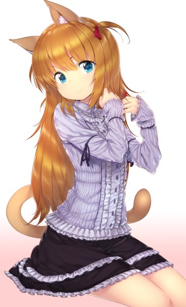 Anime picture 729x1200 with original zizi (zz22) single long hair tall image looking at viewer blue eyes blonde hair smile animal ears tail animal tail cat ears cat girl cat tail girl dress frills
