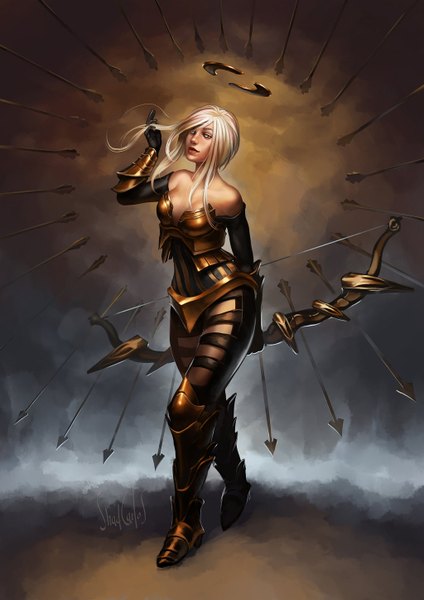 Anime picture 1024x1448 with shadcarlos single long hair tall image blonde hair bare shoulders signed adjusting hair white eyes girl weapon armor bow (weapon) arrow (arrows)