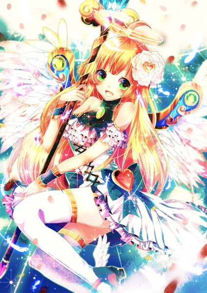 Anime picture 1447x2047 with original sazanami shione single long hair tall image looking at viewer blush blonde hair smile green eyes ahoge hair flower flying angel wings lightning girl thighhighs dress hair ornament petals