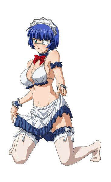 Anime picture 1280x2093 with ikkitousen ryomou shimei single tall image fringe short hair breasts light erotic simple background large breasts white background bare shoulders blue hair midriff maid girl thighhighs navel bow white thighhighs