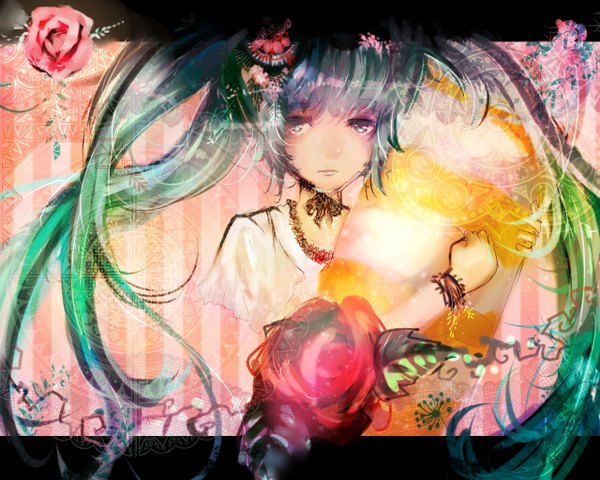 Anime picture 1280x1024 with vocaloid hatsune miku zigemu twintails hair flower green hair girl hair ornament flower (flowers) bracelet rose (roses)