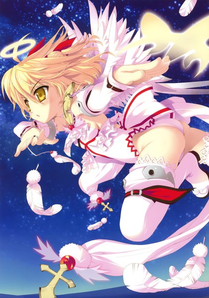 Anime picture 2458x3500 with fujima takuya single tall image highres short hair light erotic blonde hair yellow eyes girl thighhighs dress detached sleeves white thighhighs wings halo feather (feathers) cross