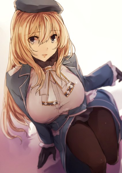 Anime picture 990x1400 with kantai collection atago heavy cruiser kyouya (mukuro238) single long hair tall image looking at viewer fringe breasts blue eyes blonde hair smile large breasts sitting from above squat girl gloves uniform pantyhose