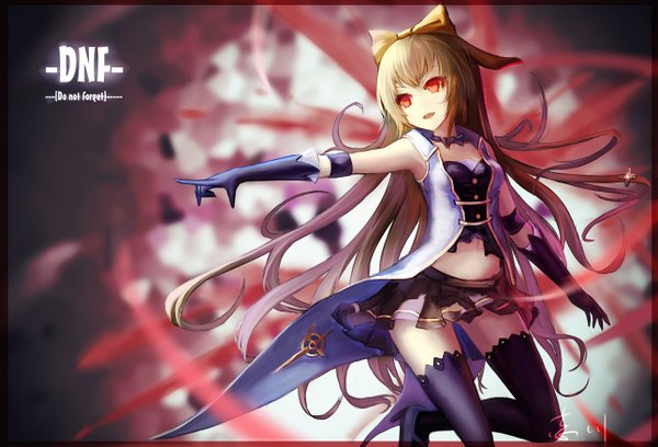 Anime picture 1289x877 with original wangchuan de quanyan single long hair open mouth blonde hair red eyes girl thighhighs skirt gloves bow black thighhighs hair bow