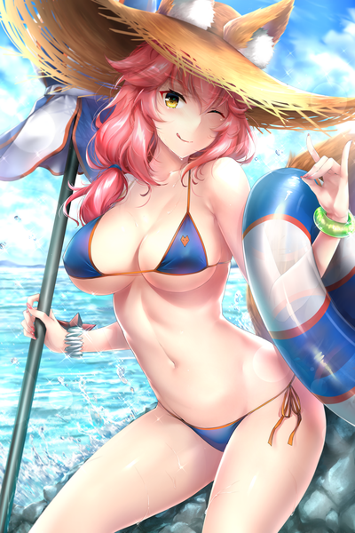 Anime picture 4000x6000 with fate (series) fate/grand order tamamo (fate) (all) tamamo no mae (swimsuit lancer) (fate) rei kun single long hair tall image looking at viewer blush fringe highres breasts light erotic smile hair between eyes large breasts standing bare shoulders holding