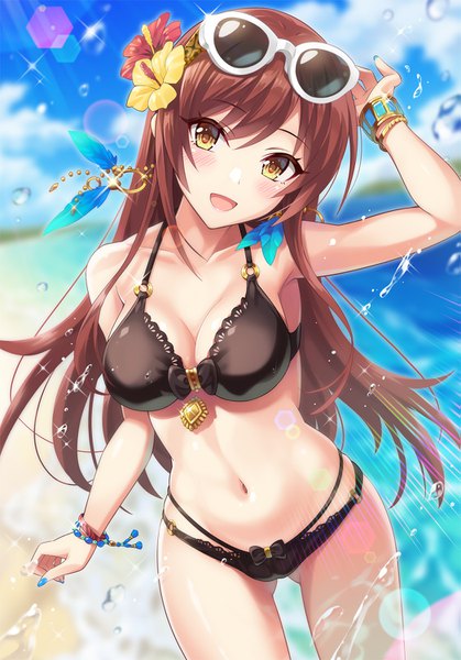 Anime picture 1047x1500 with idolmaster idolmaster shiny colors oosaki amana urabi (tomatohouse) single long hair tall image looking at viewer blush fringe breasts open mouth light erotic hair between eyes brown hair yellow eyes cleavage outdoors nail polish head tilt