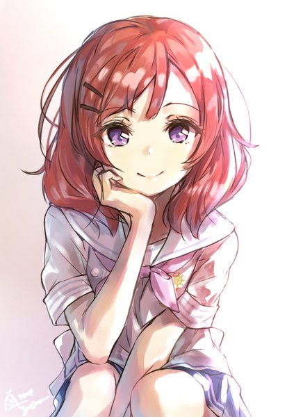 Anime picture 1516x2200 with love live! school idol project sunrise (studio) love live! nishikino maki takenoko no you single tall image looking at viewer short hair simple background smile sitting purple eyes signed red hair between legs chin rest girl uniform serafuku