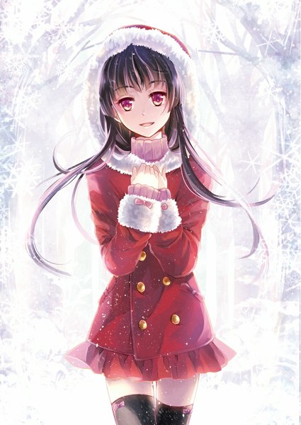 Anime picture 724x1023 with original momoko (momoko14) single long hair tall image open mouth black hair smile red eyes snowing double buttons girl thighhighs skirt black thighhighs hood buttons coat snowflake (snowflakes)