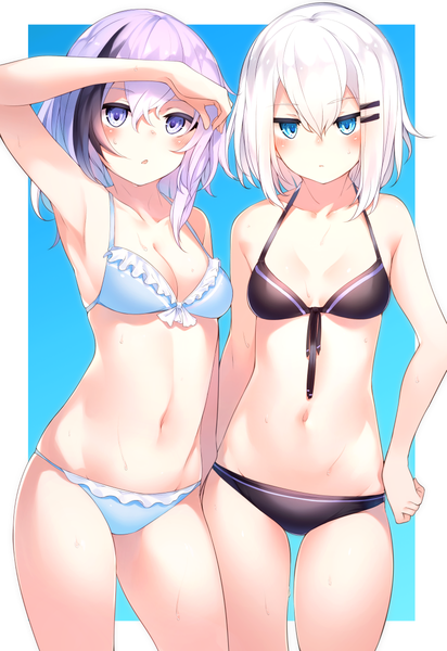 Anime picture 825x1200 with original ringo-chan (otokuyou) kinukawa chinatsu otokuyou tall image looking at viewer blush fringe short hair blue eyes light erotic simple background hair between eyes standing purple eyes bare shoulders multiple girls cleavage purple hair white hair