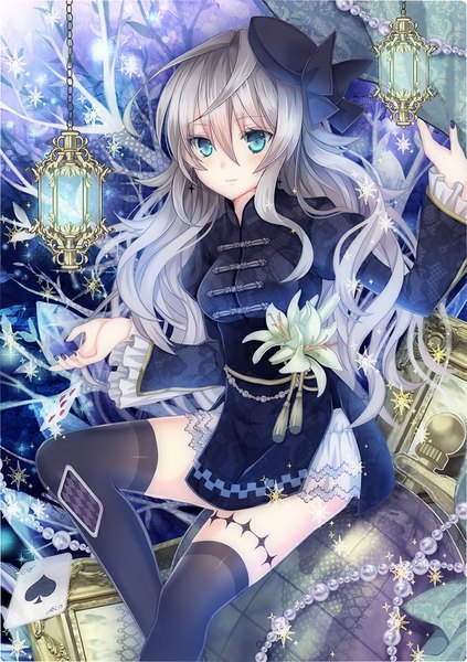 Anime picture 708x1005 with original nozomi fuuten single long hair tall image looking at viewer blush blue eyes sitting silver hair girl thighhighs dress flower (flowers) black thighhighs hat beads card (cards)