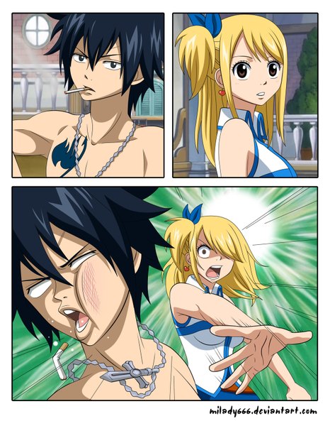 Anime picture 1280x1646 with fairy tail lucy heartfilia gray fullbuster milady666 long hair tall image short hair breasts black hair blonde hair brown eyes tail black eyes tattoo one side up multiview angry manga girl boy