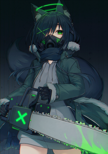 Anime picture 698x1000 with original muryotaro single tall image looking at viewer fringe short hair black hair simple background standing holding green eyes animal ears tail animal tail hair over one eye open clothes fur trim fox ears gradient background