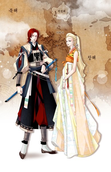 Anime picture 1100x1696 with twelve nights muryui long hair tall image looking at viewer short hair blue eyes blonde hair red eyes red hair traditional clothes sword map