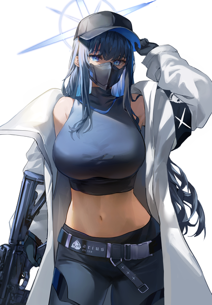 Anime-Bild 2739x3933 mit blue archive saori (blue archive) dasha single long hair tall image fringe highres breasts blue eyes simple background hair between eyes large breasts white background blue hair open clothes midriff adjusting hat girl navel