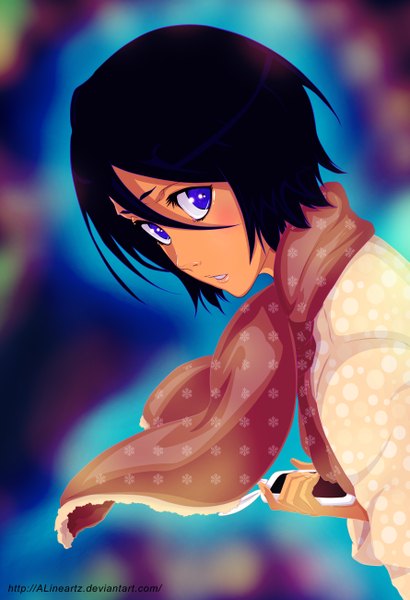 Anime picture 1780x2600 with bleach studio pierrot kuchiki rukia cx-01 (artist) single tall image highres short hair black hair purple eyes looking back coloring portrait girl scarf phone