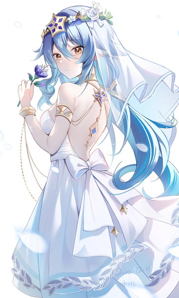 Anime picture 1080x1800 with genshin impact layla (genshin impact) miaogujun single long hair tall image fringe simple background hair between eyes white background holding yellow eyes blue hair looking away pointy ears alternate costume back dated bare back girl
