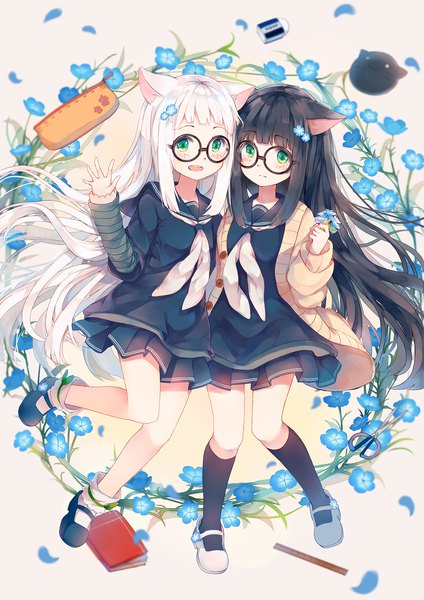 Anime picture 1240x1754 with original ivy1993 long hair tall image looking at viewer blush fringe open mouth black hair multiple girls holding green eyes animal ears payot full body bent knee (knees) white hair blunt bangs pleated skirt hair flower