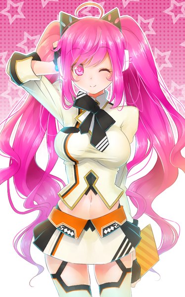 Anime picture 699x1120 with sound voltex rasis katoma single long hair tall image blush smile twintails pink hair one eye closed pink eyes wink midriff hand on headphones girl skirt navel headphones star (symbol)