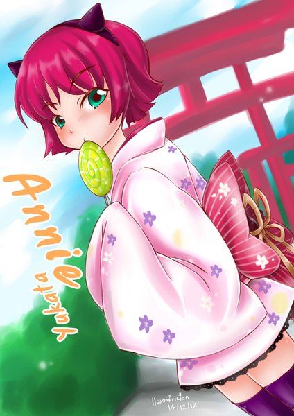 Anime picture 2480x3507 with league of legends annie (league of legends) pudding-neaw single tall image looking at viewer blush highres short hair pink hair japanese clothes aqua eyes girl thighhighs candy