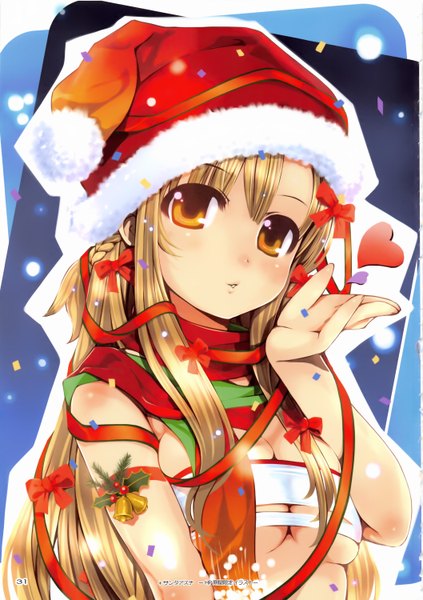 Anime picture 2116x3000 with sword art online a-1 pictures yuuki asuna mikazuki akira single long hair tall image highres breasts light erotic brown hair brown eyes scan fur trim new year girl ribbon (ribbons) hat heart scarf