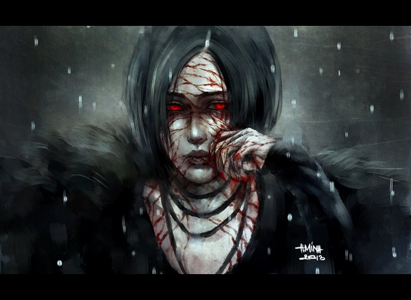 Anime picture 1300x950 with original nanfe single looking at viewer short hair black hair red eyes signed nail polish lips dark background letterboxed pale skin injury girl dress black dress blood