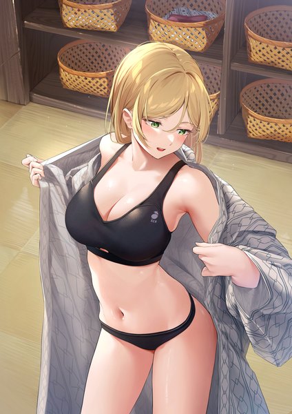 Anime-Bild 2894x4093 mit original vegetablenabe single tall image blush fringe highres short hair breasts open mouth light erotic blonde hair hair between eyes large breasts standing green eyes looking away indoors traditional clothes japanese clothes