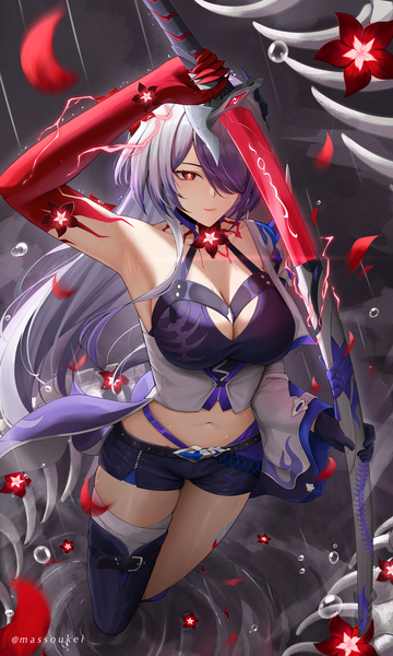 Anime picture 1500x2500 with honkai: star rail honkai (series) acheron (honkai: star rail) massoukei single long hair tall image fringe breasts light erotic red eyes large breasts bare shoulders signed looking away cleavage purple hair hair over one eye armpit (armpits) twitter username