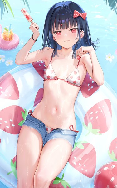 Anime picture 768x1228 with original ichigo-chan (mignon) mignon single long hair tall image looking at viewer blush fringe light erotic black hair smile red eyes holding outdoors lying blunt bangs arm up from above armpit (armpits)