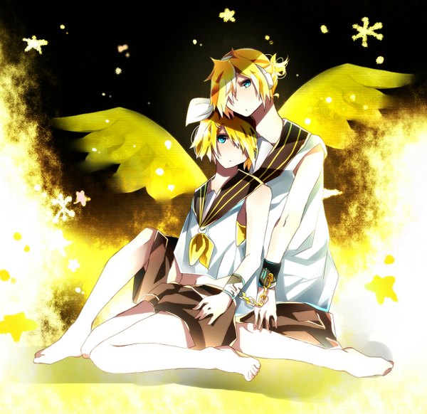 Anime picture 1366x1327 with vocaloid kagamine rin kagamine len omutatsu fringe blonde hair barefoot aqua eyes hair over one eye couple girl boy wings headphones star (symbol) chain snowflake (snowflakes) handcuffs