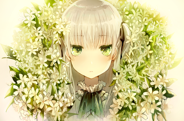 Anime picture 1600x1052 with original tlla (artist) single long hair looking at viewer blush fringe hair between eyes green eyes silver hair two side up serious backlighting girl flower (flowers) ribbon (ribbons) hair ribbon water drop ascot