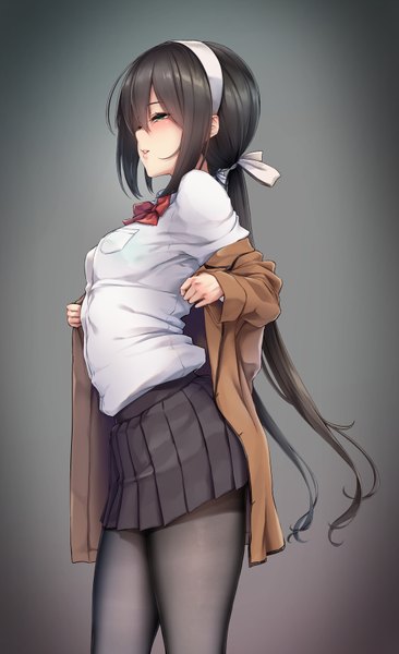Anime picture 1055x1728 with original kurofude anna single long hair tall image blush fringe light erotic black hair simple background hair between eyes standing green eyes looking away long sleeves parted lips profile pleated skirt off shoulder grey background