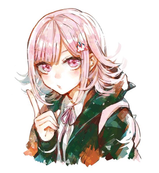 Anime-Bild 1101x1200 mit dangan ronpa super dangan ronpa 2 nanami chiaki sudach koppe single tall image looking at viewer blush fringe short hair simple background white background payot pink hair pink eyes :o portrait girl uniform serafuku