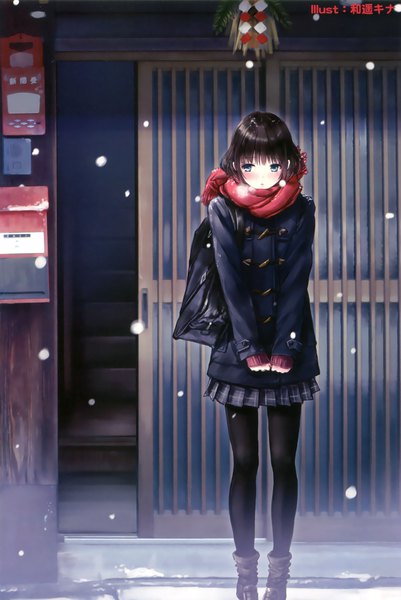 Anime picture 1874x2800 with original kazuharu kina single tall image blush fringe highres short hair blue eyes black hair standing signed looking away full body pleated skirt watermark plaid skirt snowing winter snow