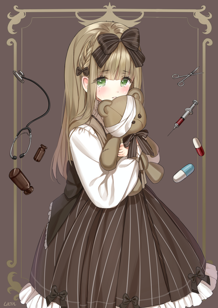 Anime picture 1000x1412 with original haruri single long hair tall image looking at viewer blush fringe brown hair green eyes signed blunt bangs tears framed lolita fashion brown background girl bow hair bow bandage (bandages)