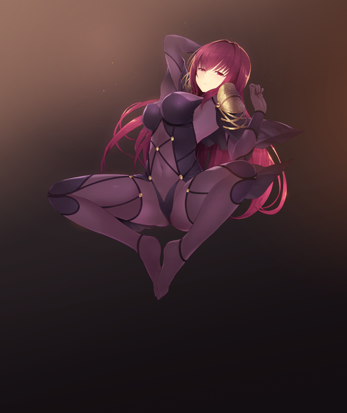 Anime picture 5669x6732 with fate (series) fate/grand order scathach (fate) (all) scathach (fate) cait single long hair tall image fringe highres light erotic simple background purple eyes absurdres purple hair full body spread legs gradient background covered navel arm behind head