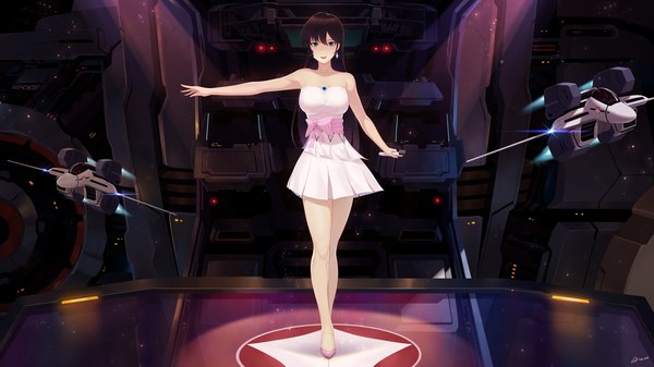 Anime picture 1920x1080 with macross macross: do you remember love? lynn minmay alexiel (artist) single long hair looking at viewer blush fringe highres breasts open mouth blue eyes black hair smile hair between eyes wide image standing bare shoulders holding