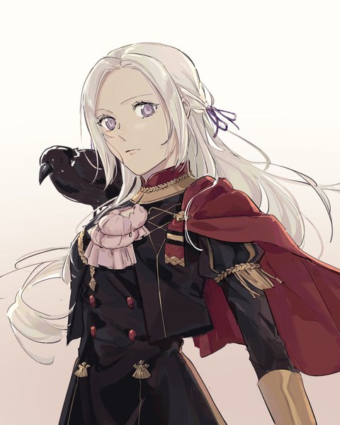 Anime picture 1638x2048 with fire emblem fire emblem: three houses nintendo edelgard von hresvelg nanao parakeet single long hair tall image looking at viewer simple background standing white background purple eyes payot white hair wind puffy sleeves gradient background expressionless double buttons