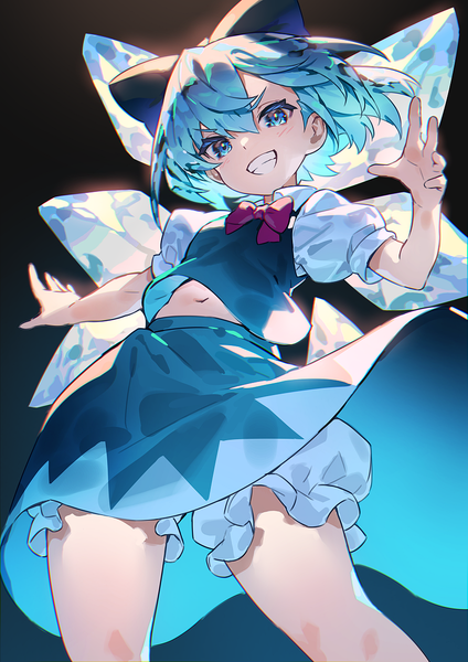 Anime picture 868x1228 with touhou cirno uu uu zan single tall image looking at viewer fringe short hair blue eyes simple background smile hair between eyes blue hair from below puffy sleeves grin black background girl navel bow