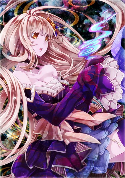Anime picture 700x993 with original inma r. single long hair tall image fringe breasts blonde hair hair between eyes bare shoulders signed yellow eyes cleavage long sleeves lips :o tears magic drill hair girl